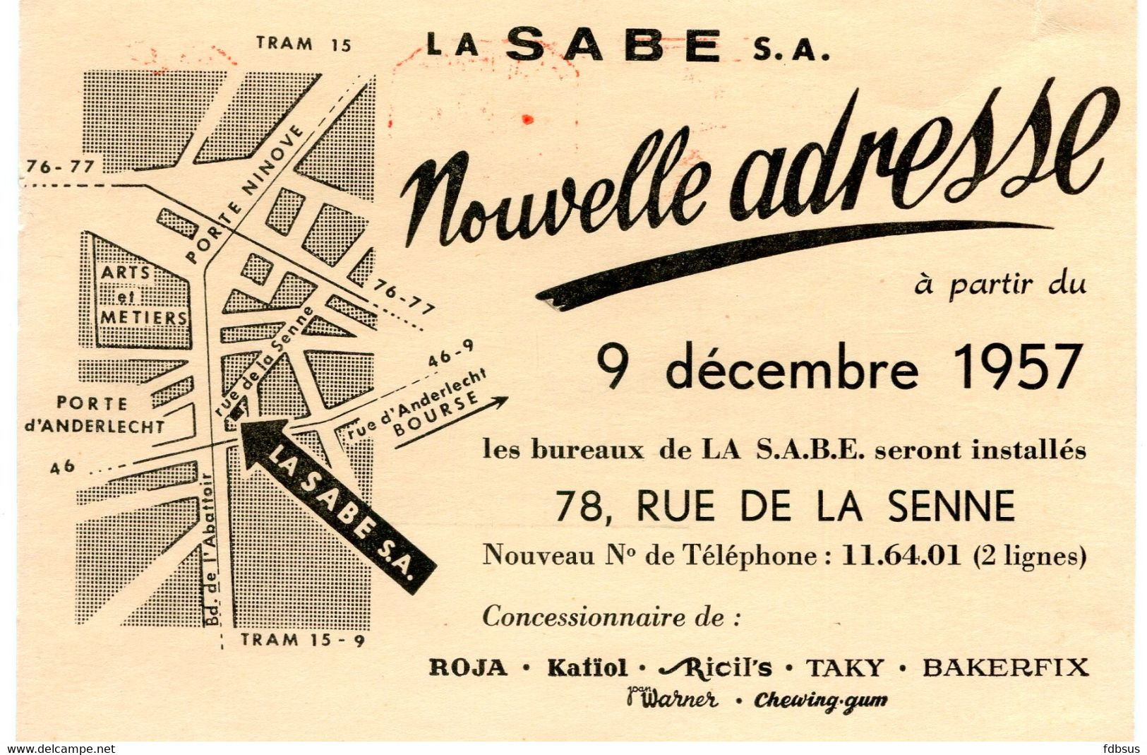 1957 Kaart Van LA SABE S.A. Avec Nouvelle Adresse Bruxelles - ROJA TAKY BAKERFIX KAFIOL Naar Sint Niklaas - Ref 1 - ...-1959