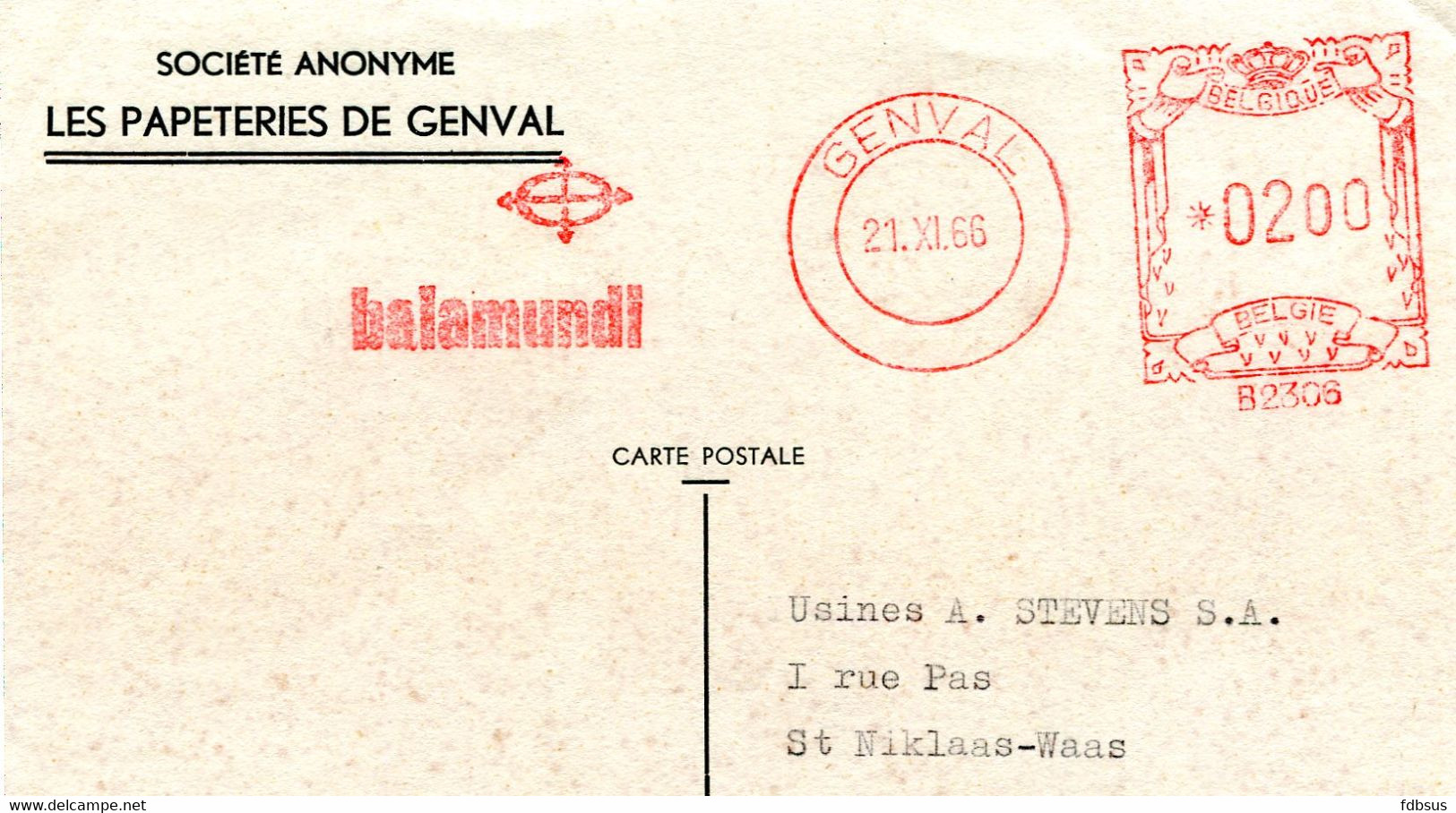1966 Kaart Van S.A. LES PAPETERIES DE GENVAL - Balamundi -  Naar Sint Niklaas - Ref 1 - 1960-79