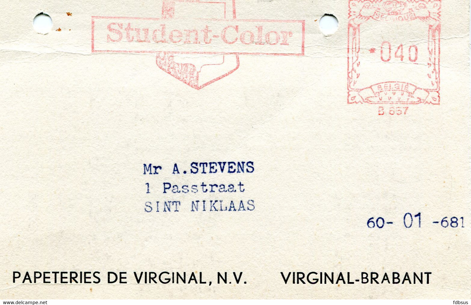 Kaart Van PAPETERIES DE VIRGINAL NV - Student Color - Virginal Brabant Naar Sint Niklaas - Ref 3 - 1960-1979