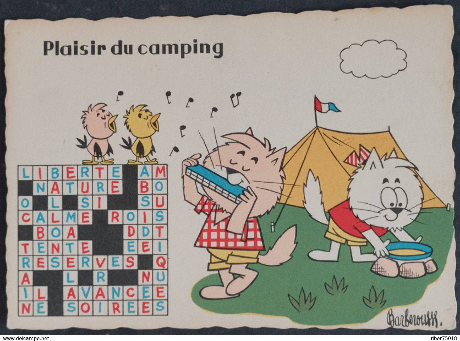 Carte Postale - Plaisir Du Camping (chat - Oiseaux) Illustration : Barberousse (mots Croisés) - Barberousse