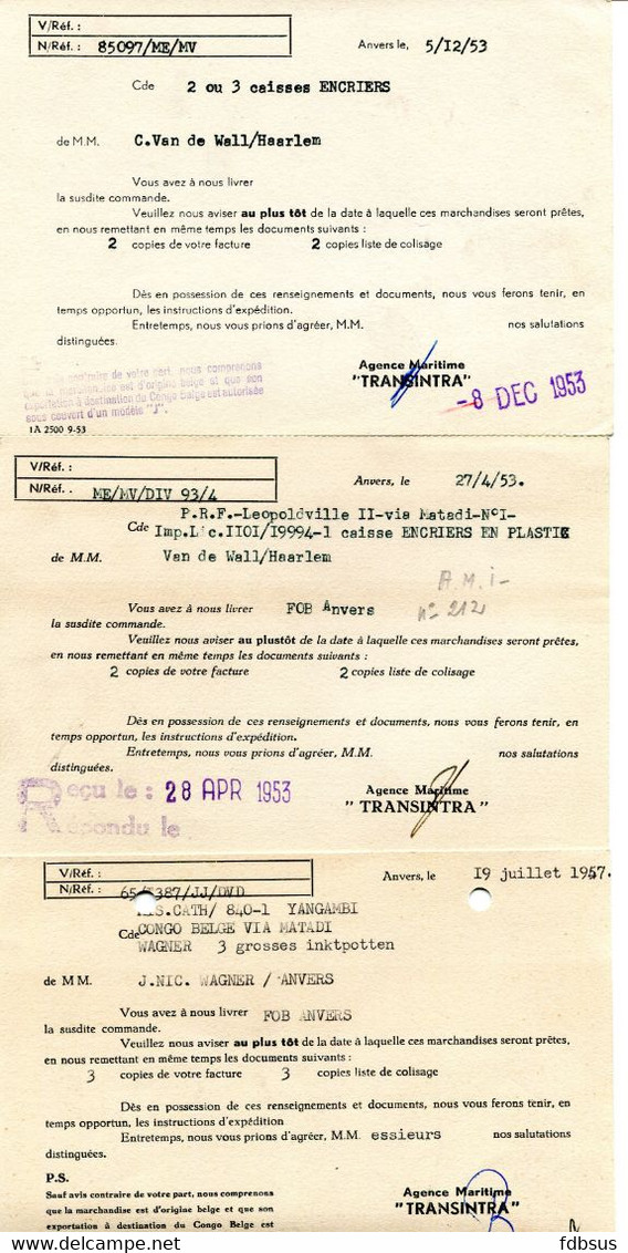 1953/57 3 Kaarten TRANSINTRA Naar Sint Niklaas Voor Levering Van Encriers Inktpotten Naar Congo Belge Via AMI - REF 10 - ...-1959