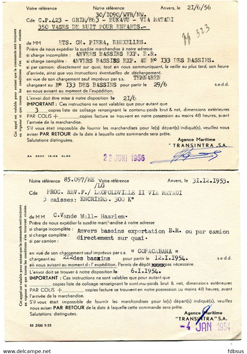 1953/56 2 Kaarten TRANSINTRA Naar St Niklaas Voor Levering Van Encriers + Vases De Nuit Pour Congo Belge  - REF 11 - ...-1959