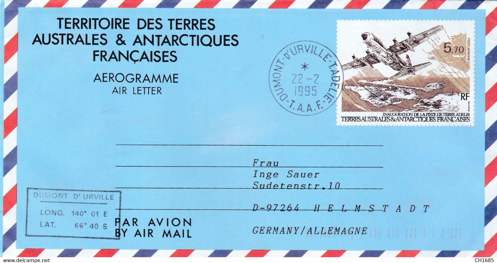 TAAF : Aérogramme De 5,70 Pour L'Allemagne . Oblitération De La Base Dumont-D'Urville Terre Adélie 1995 - Postal Stationery