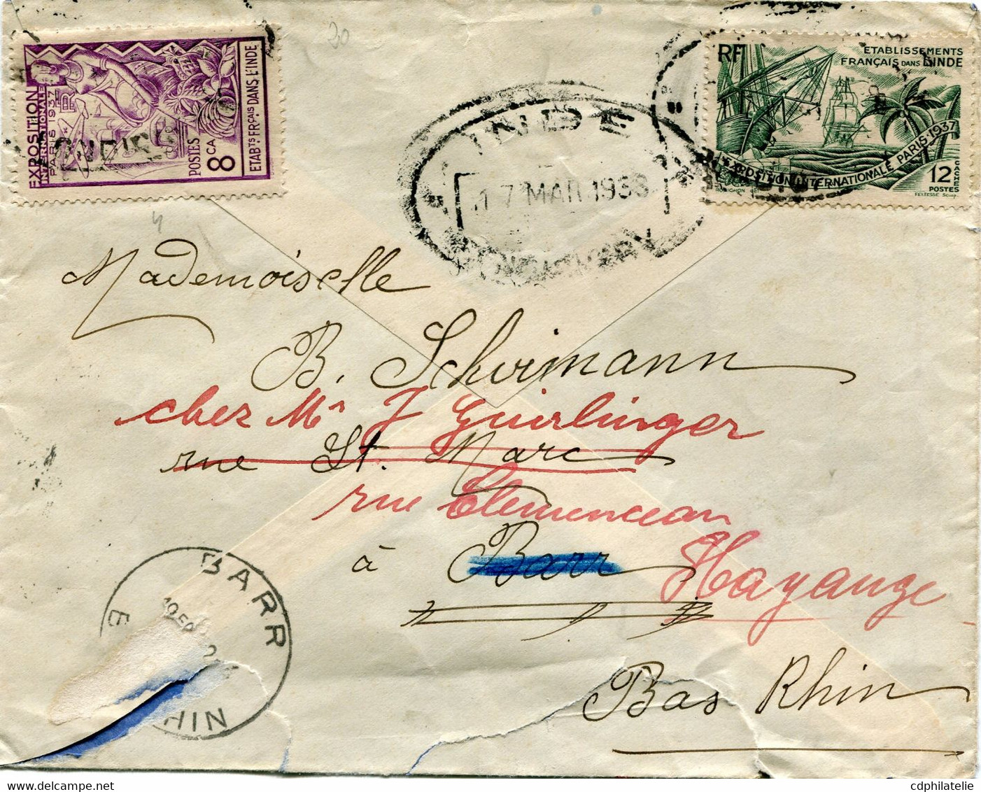 INDE LETTRE DEPART INDE 17 MAR 1938 PONDICHERY POUR LA FRANCE - Cartas & Documentos