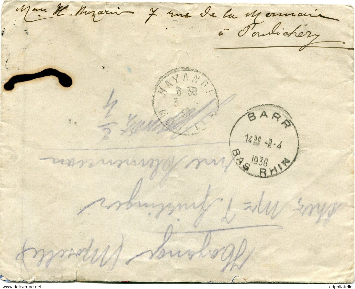 INDE LETTRE DEPART INDE 17 MAR 1938 PONDICHERY POUR LA FRANCE - Storia Postale