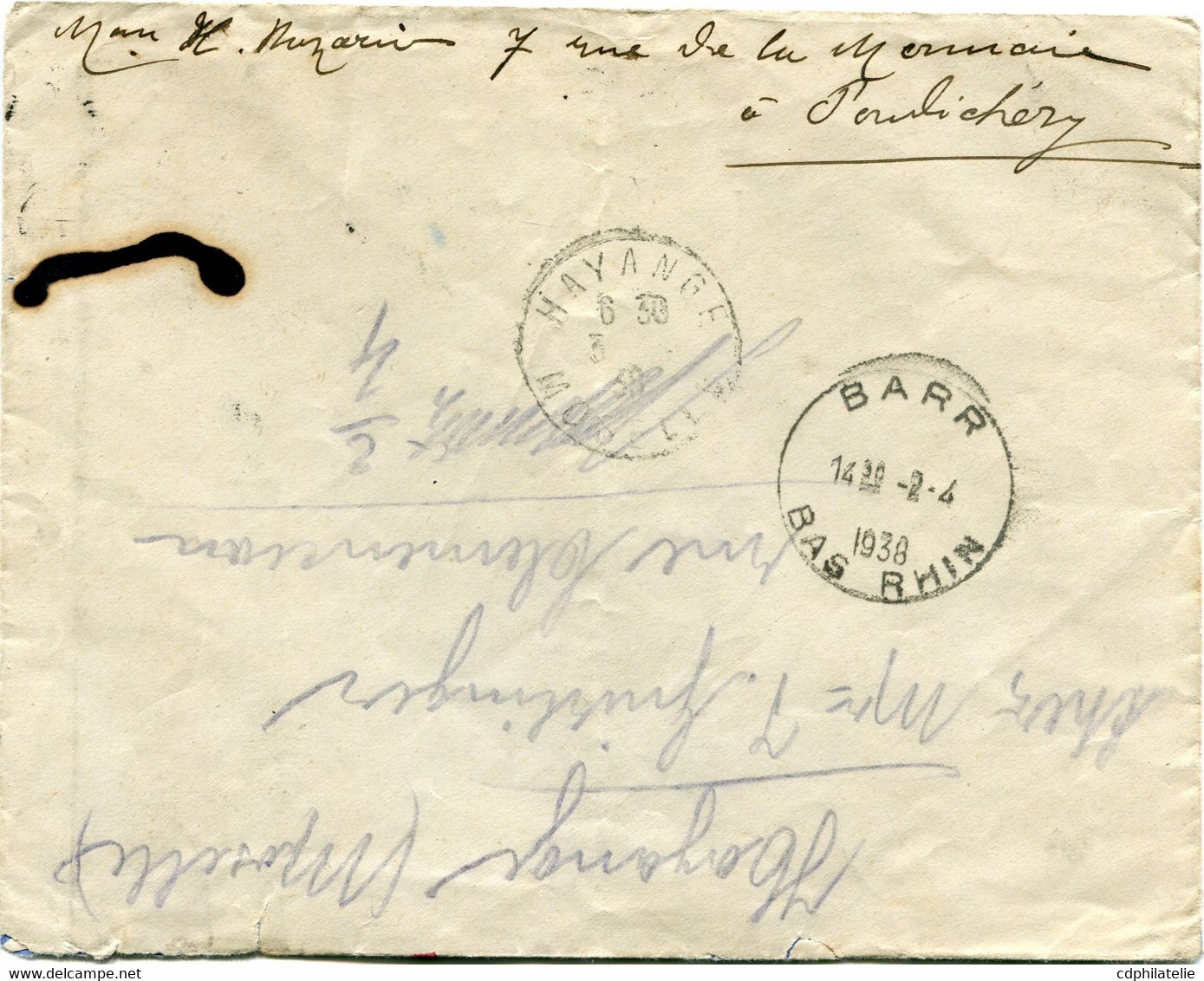 INDE LETTRE DEPART INDE 17 MAR 1938 PONDICHERY POUR LA FRANCE - Covers & Documents