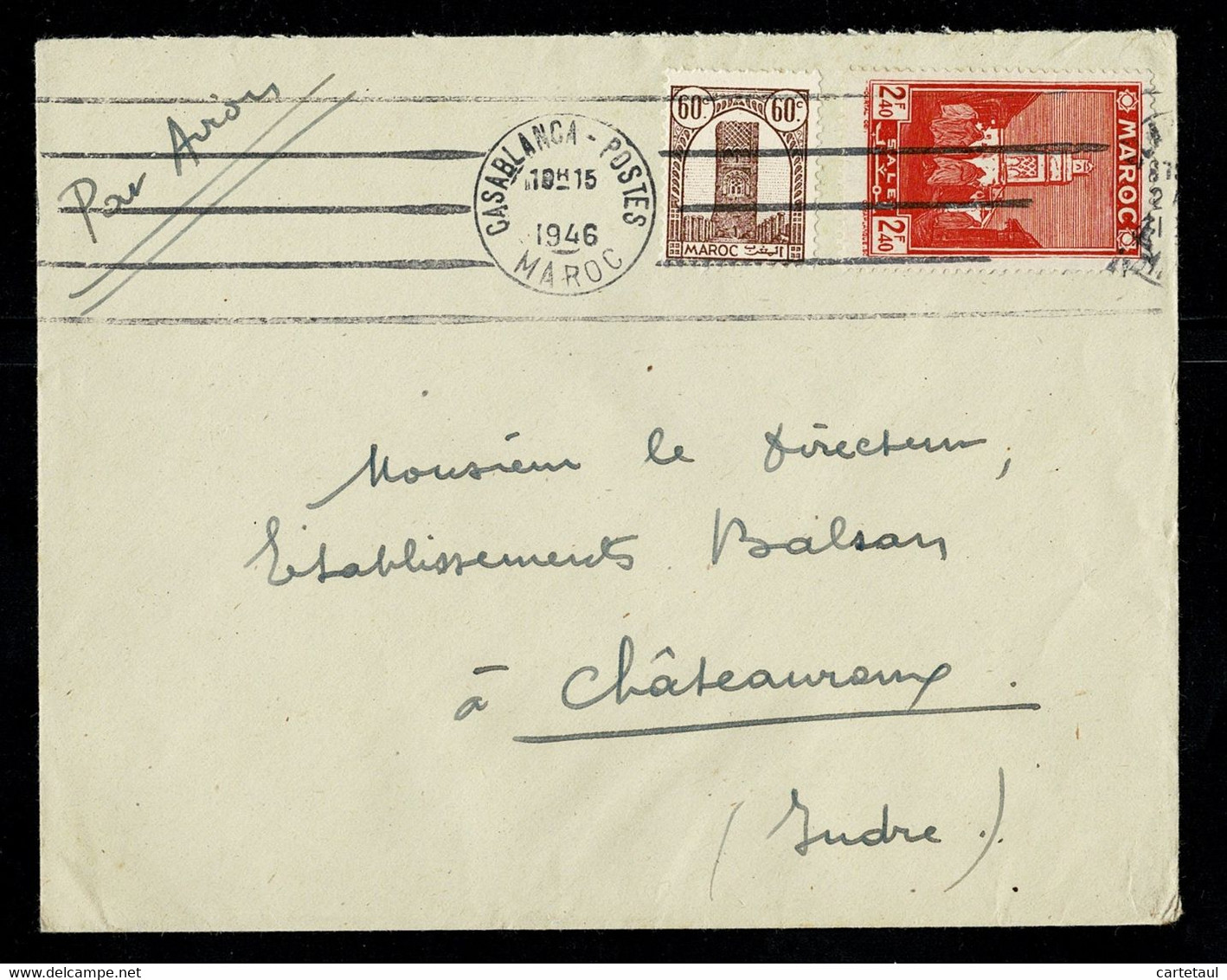 MAROC 1946  Lettrer Affr. Composé 3F Oblit Mécanique Krag 5 Lignes CASABLANCA-POSTES 1946 (dateur Incomplet Sans Milieu) - Other & Unclassified