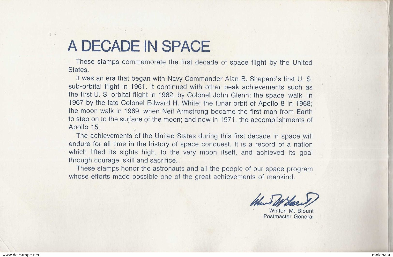 Verenigde Staten Souvenirkaart "A Decade In Space 1971 (7498) - North  America