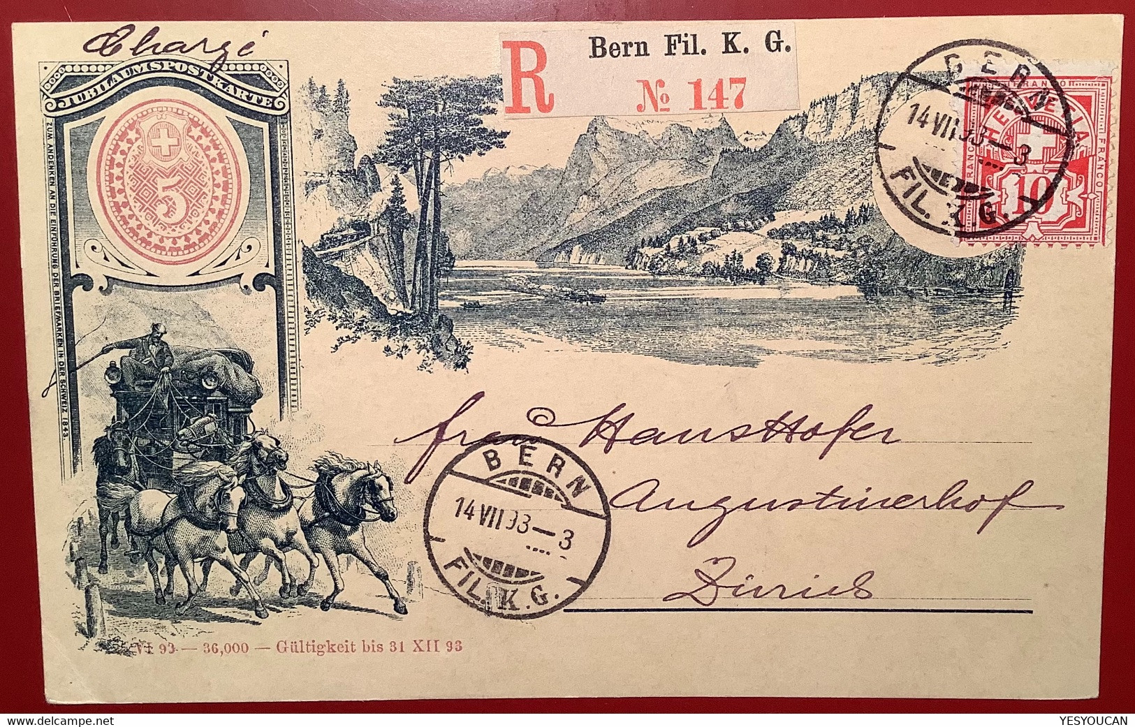 SELTENE R-Ganzsache5Rp Briefmarkenausstellung1843-1893Zürich1882Ziffernmuster(Schweiz BERN Horse Coach Diligence Chevaux - Postwaardestukken