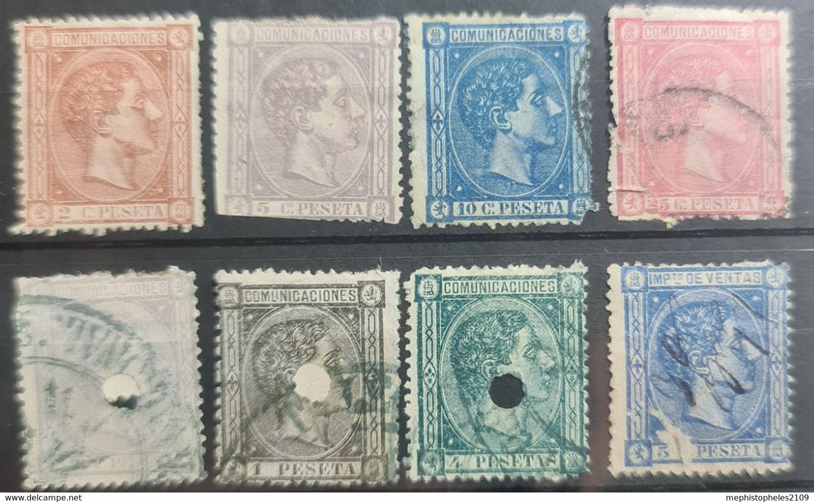 SPAIN 1875 - MLH/canceled - Sc# 212, 213, 214, 216, 218, 219, 220 + 1 Fiscal Value - Used Stamps