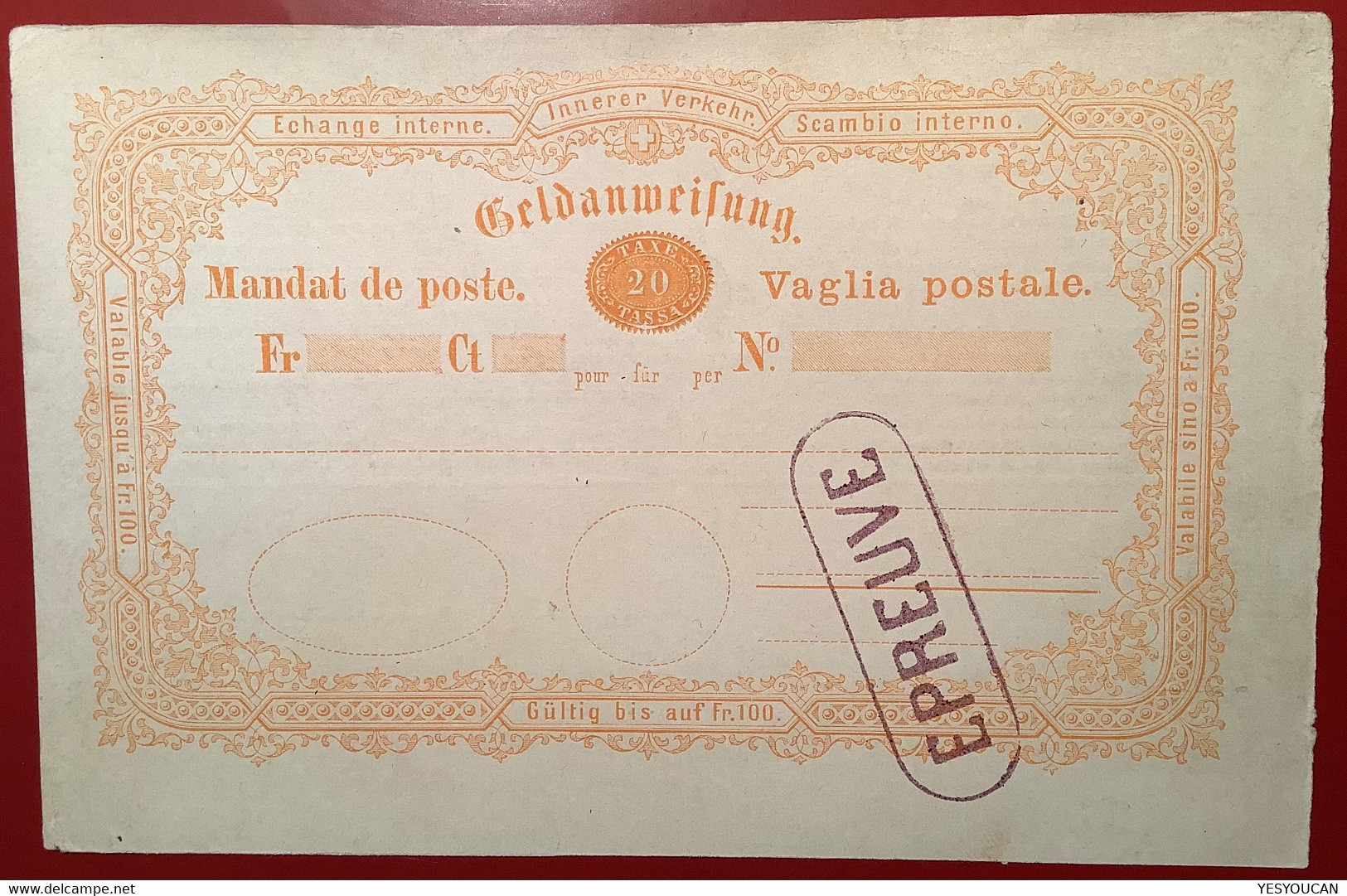 RARITÄT EPREUVE: Postanweisung Ganzsache 1867 20Rp (Schweiz Money Order Postal Stationery Mandat De Poste - Ganzsachen