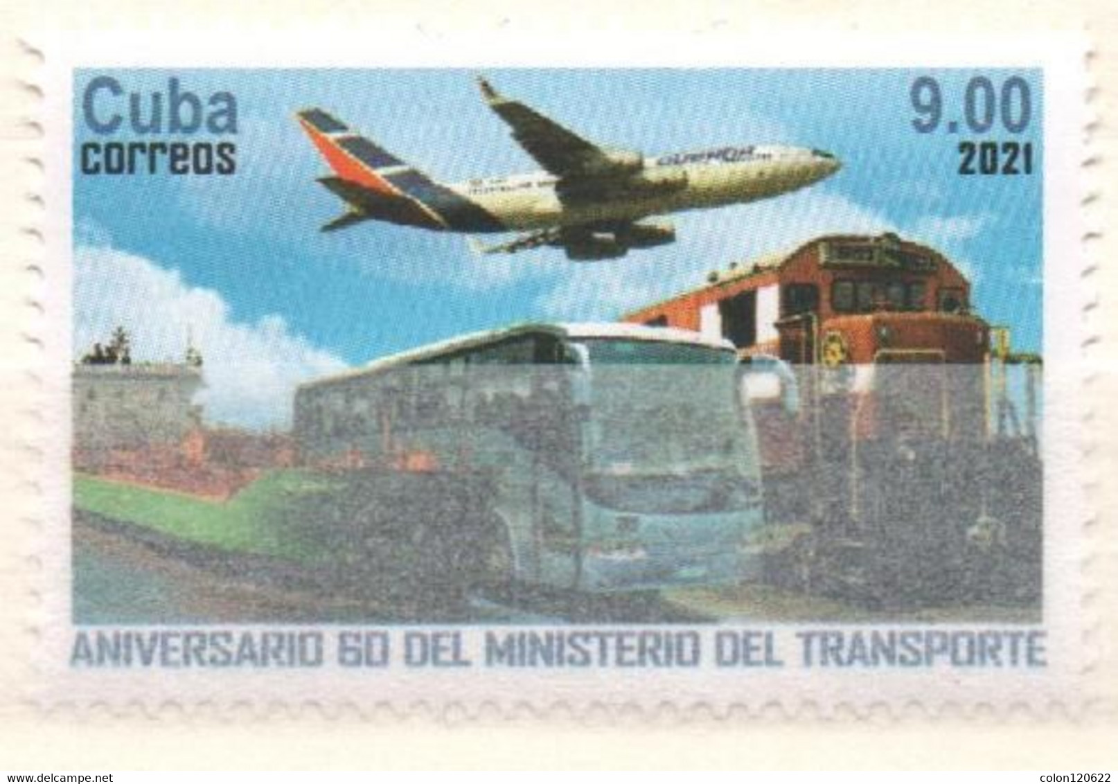 Cuba 2021 60th Anniversary Of Ministry Of Transport(Ships, Barcos, Airplan, Aviones, Bus, Omnibus, Train, Trenes) 1v MNH - Bus