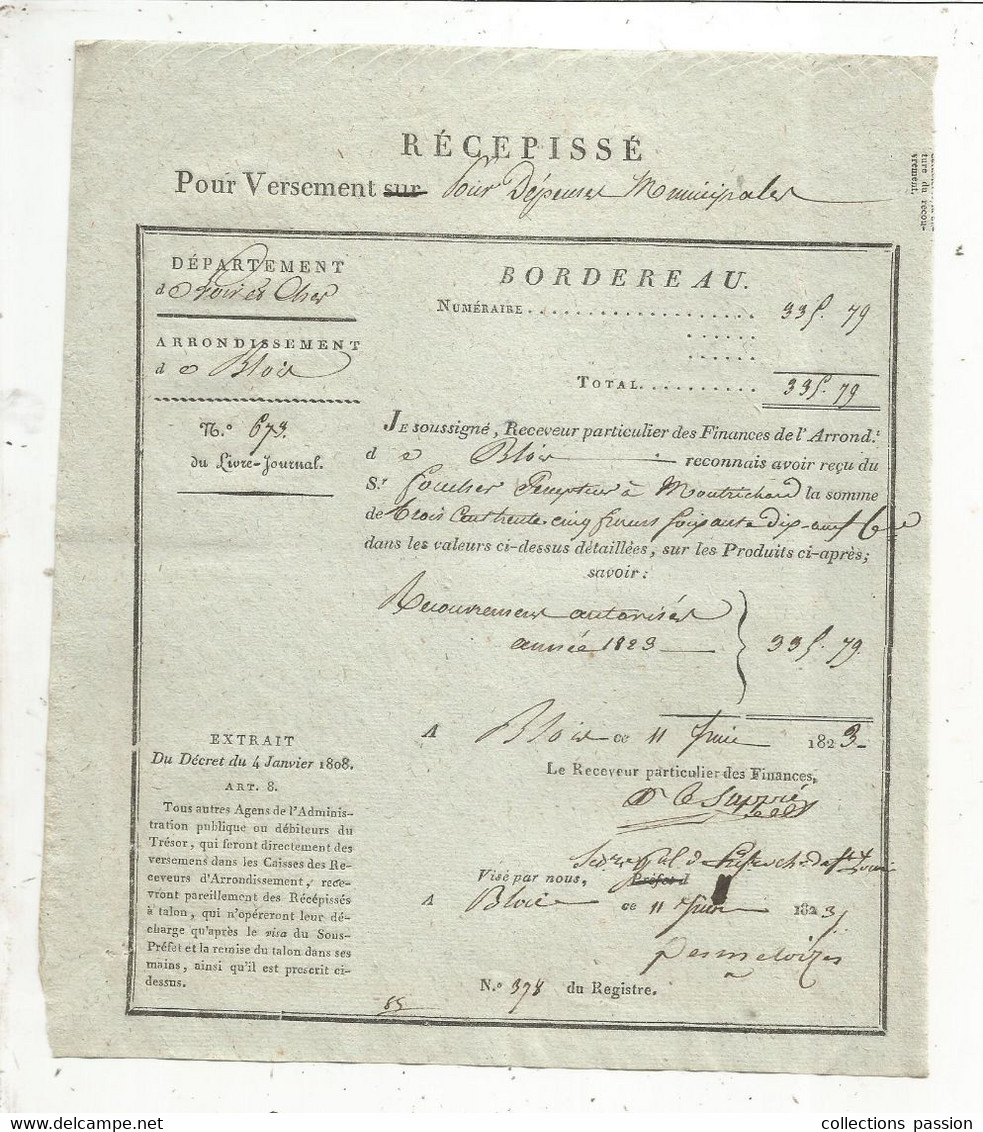 Récepissé Pour Versement Pour Dépenses Municipales, BLOIS, MONTRICHARD ,1823,  Frais Fr 1.65 E - Ohne Zuordnung