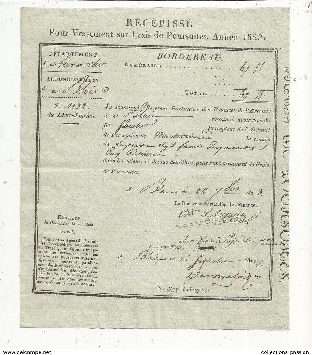 Récepissé Pour Versement Sur Frais De Poursuites, BLOIS, MONTRICHARD ,1823,  Frais Fr 1.65 E - Ohne Zuordnung