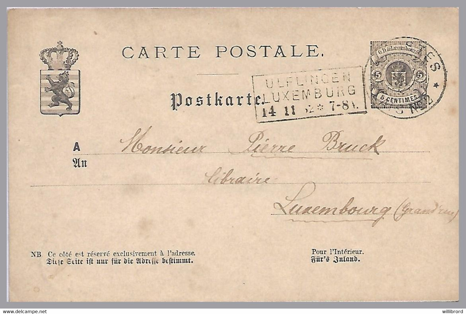 LUXEMBOURG - 1882 - BISSEN Relais Postes No. 2 - Old 5c Arms Postal Card - Ulflingen-Luxemburg TPO - 1859-1880 Armarios