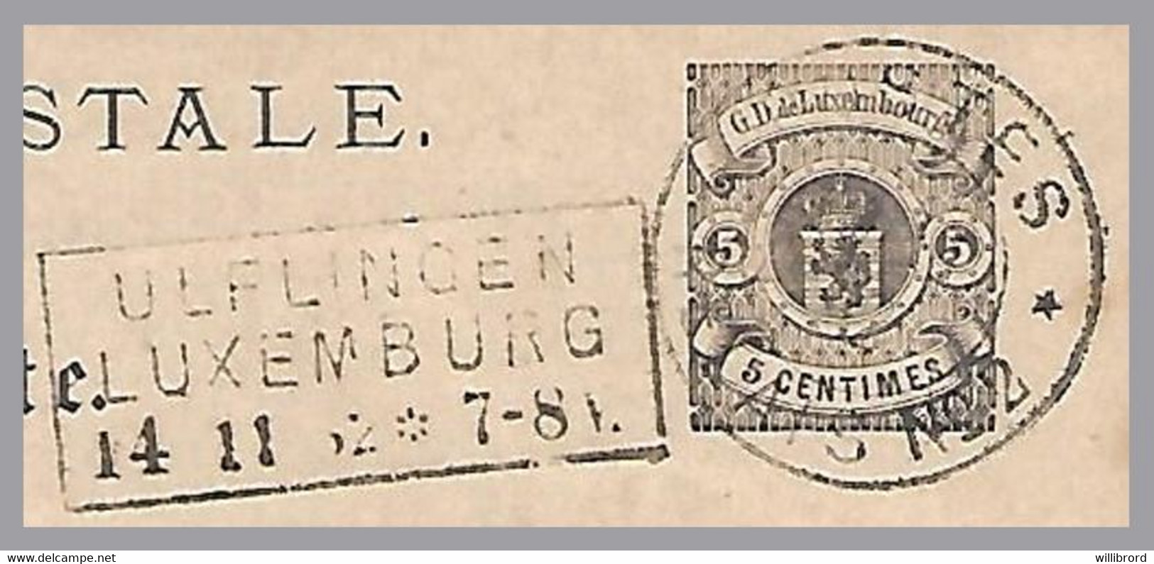 LUXEMBOURG - 1882 - BISSEN Relais Postes No. 2 - Old 5c Arms Postal Card - Ulflingen-Luxemburg TPO - 1859-1880 Armarios