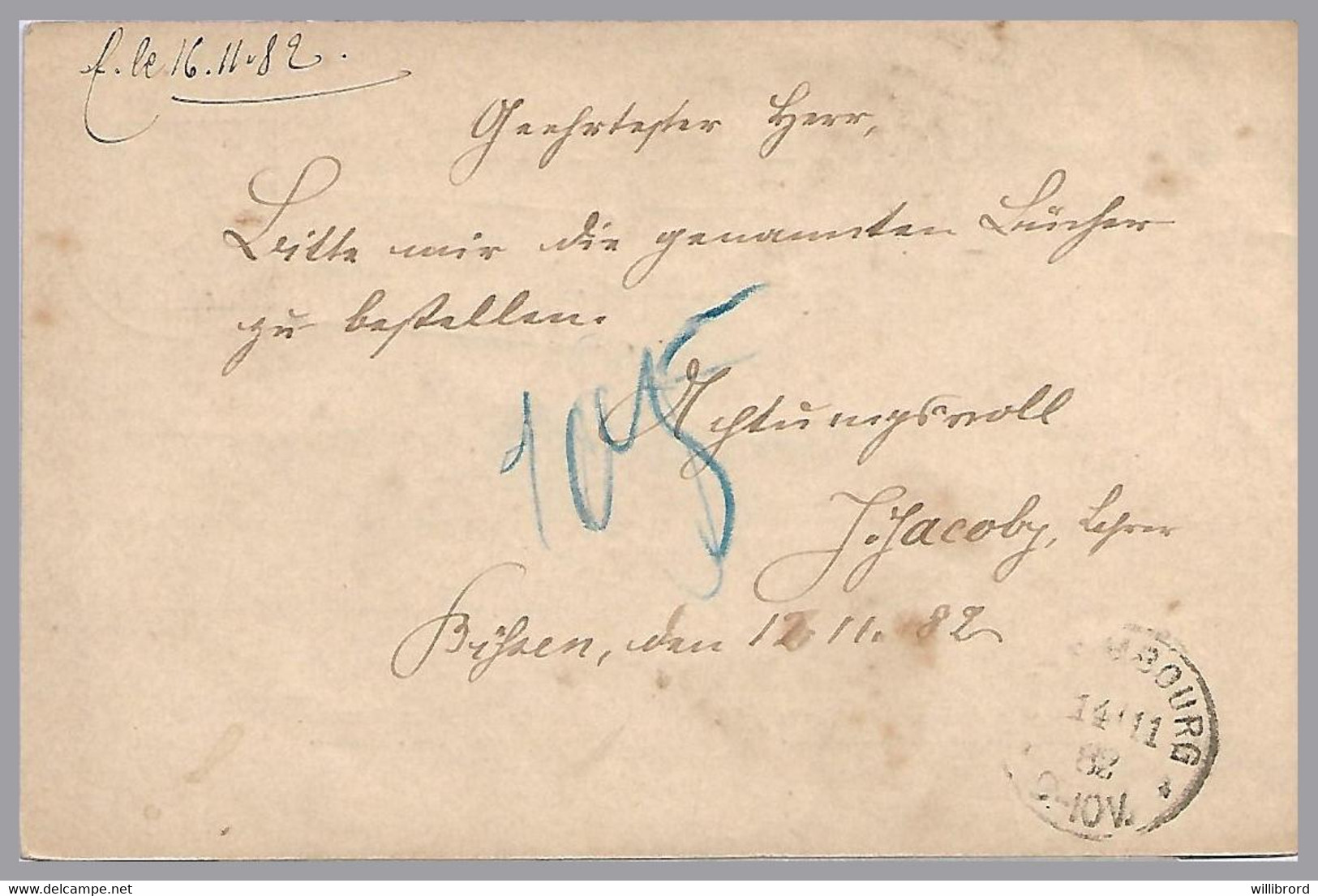 LUXEMBOURG - 1882 - BISSEN Relais Postes No. 2 - Old 5c Arms Postal Card - Ulflingen-Luxemburg TPO - 1859-1880 Armarios