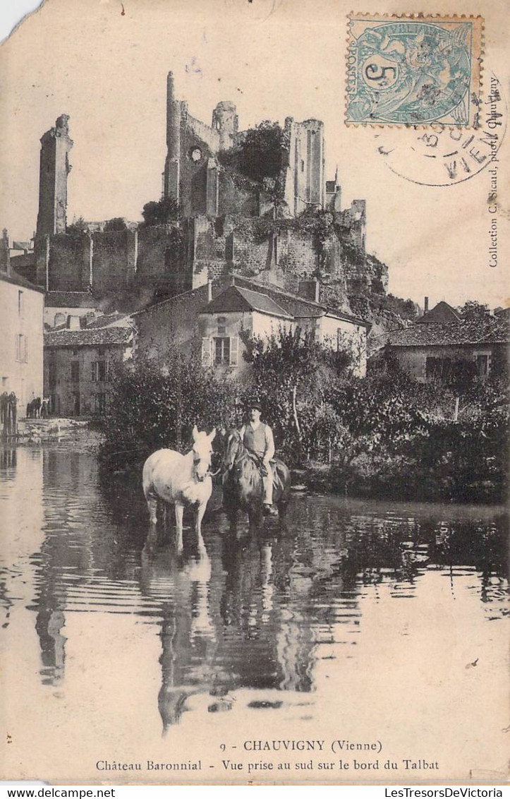 CPA ANIMEE - CHAUVIGNY - Château Baronnial - Sur Le Bord Du Talbat - Rivière - Chevaux - Chauvigny