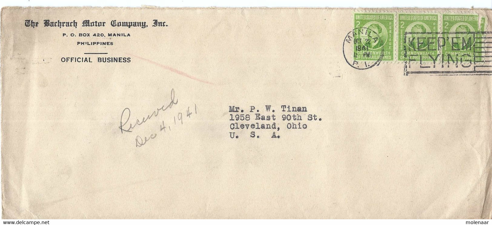 Verenigde Staten Brief Uit 1941 Met 3 Zegels Manila Oct-22-1941 (7510) - Philippinen