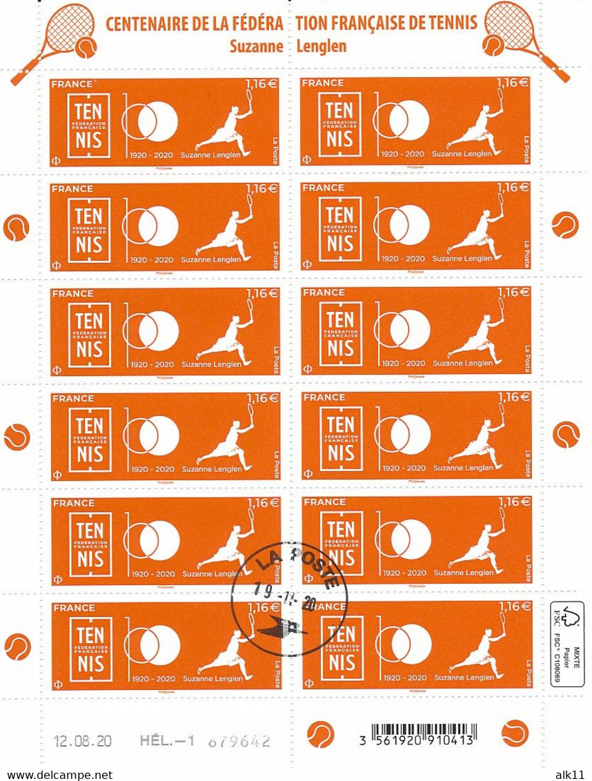 France 2020 - 5438 Tennis Suzanne Lenglen - Feuillet 12 Timbres - Oblitéré Cachet Rond - Used Stamps