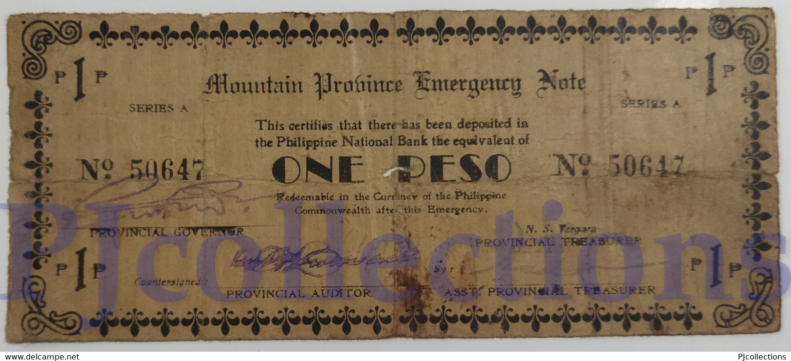 PHILIPPINES 1 PESO 1942 PICK S601 FINE EMERGENCY BANKNOTE - Philippines