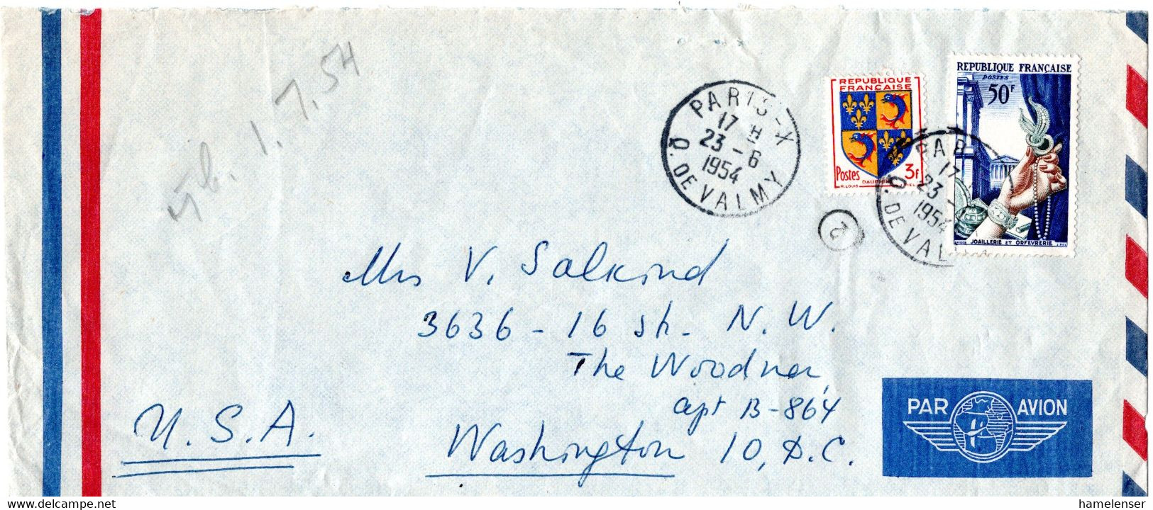 L34325 - Frankreich - 1954 - 50F Juwelen MiF A LpBf PARIS -> Washington, DC (USA) - Storia Postale