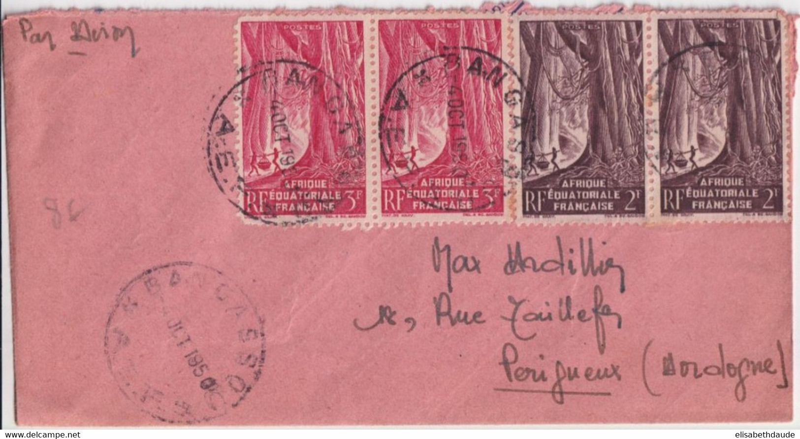 AEF / CONGO ! - 1950 - ENVELOPPE Par AVION De BANGASSOU ! => PERIGUEUX - Covers & Documents