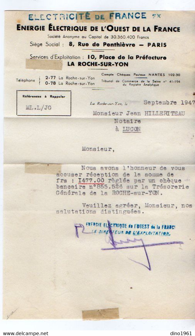 VP20.046 - 1947 - Lettre - Electricité De France à PARIS / Service D'Exploitation De LA ROCHE - SUR - YON - Elektriciteit En Gas