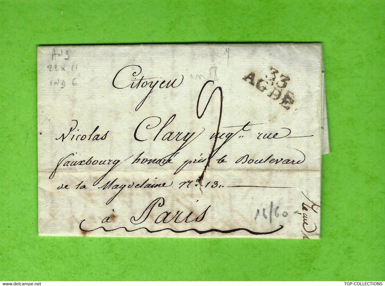 1801  Marseille Sign. Maçonnique => Nicolas Clary Banquier Paris ACHAT DE BLES  BLE COTATION PRIX HAUSSE REVOLUTION - 1800 – 1899