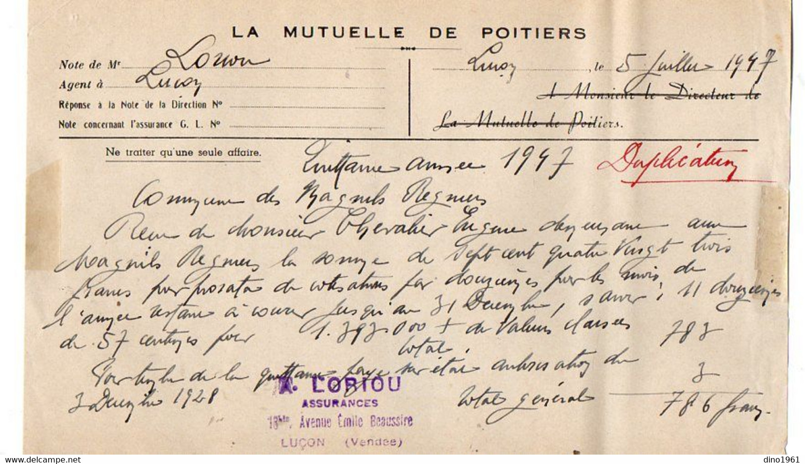 VP20.048 - 1947 - Quittance - La Mutuelle De POITIERS / Agence De LUCON - Banque & Assurance