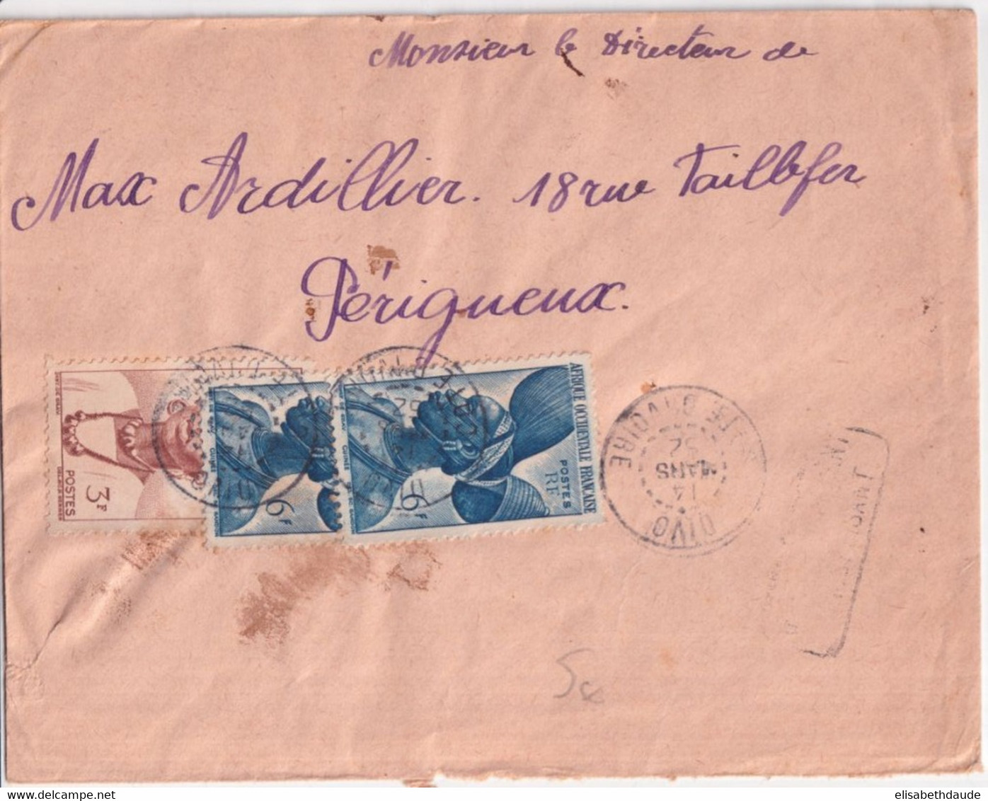 AOF / COTE D'IVOIRE ! - 1952 - ENVELOPPE De DIVO ! => PERIGUEUX - Covers & Documents