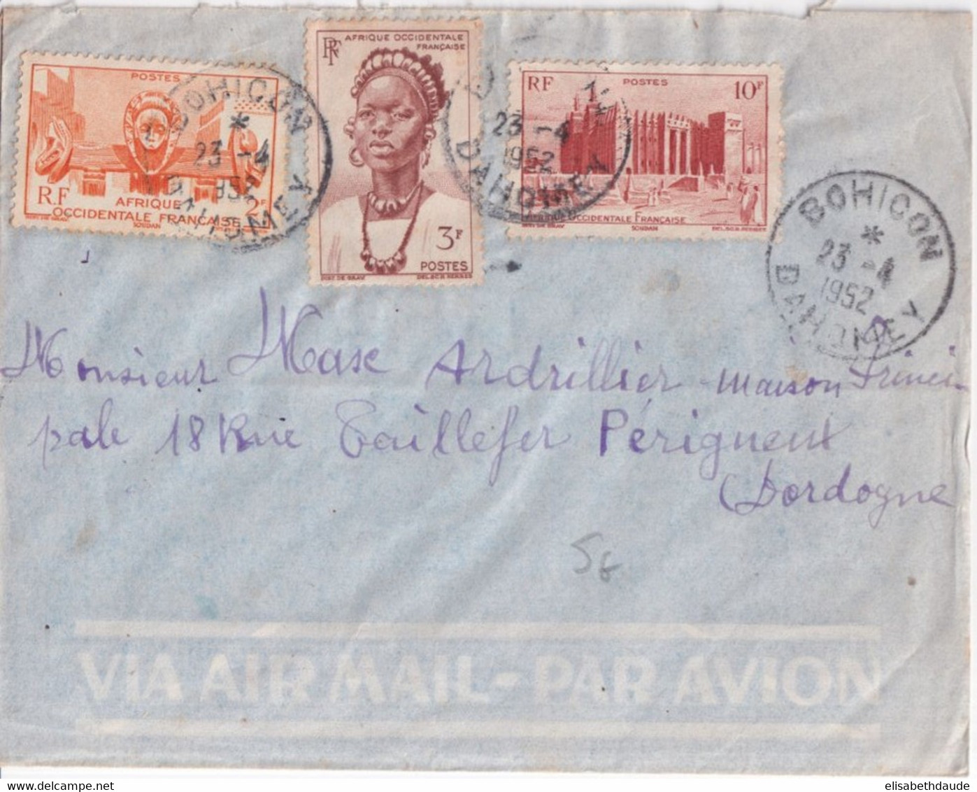 AOF / DAHOMEY ! - 1952 - ENVELOPPE De BOHICON ! => PERIGUEUX - Cartas & Documentos
