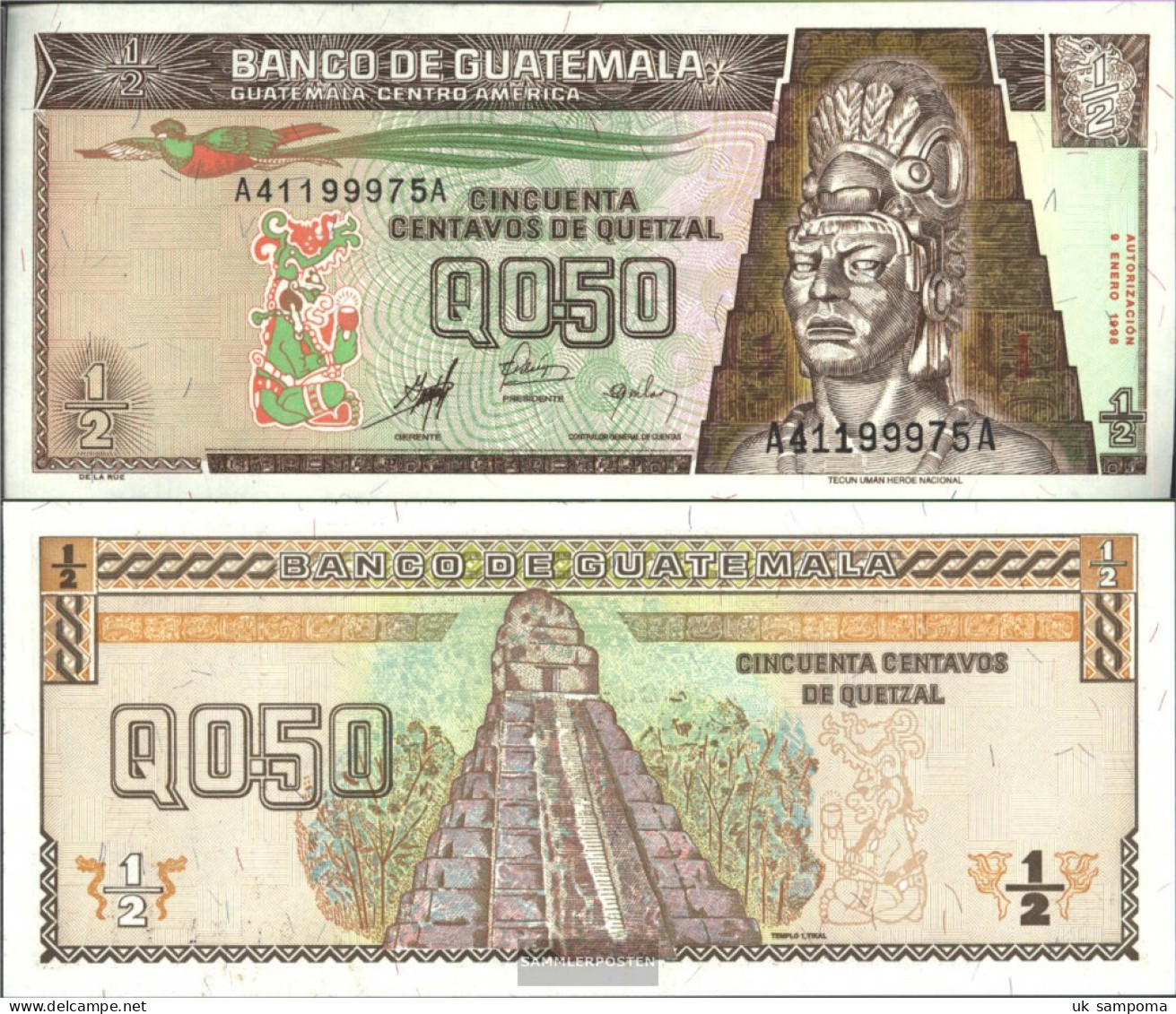 Guatemala Pick-number: 98 Uncirculated 1998 1/2 Quetzal - Guatemala