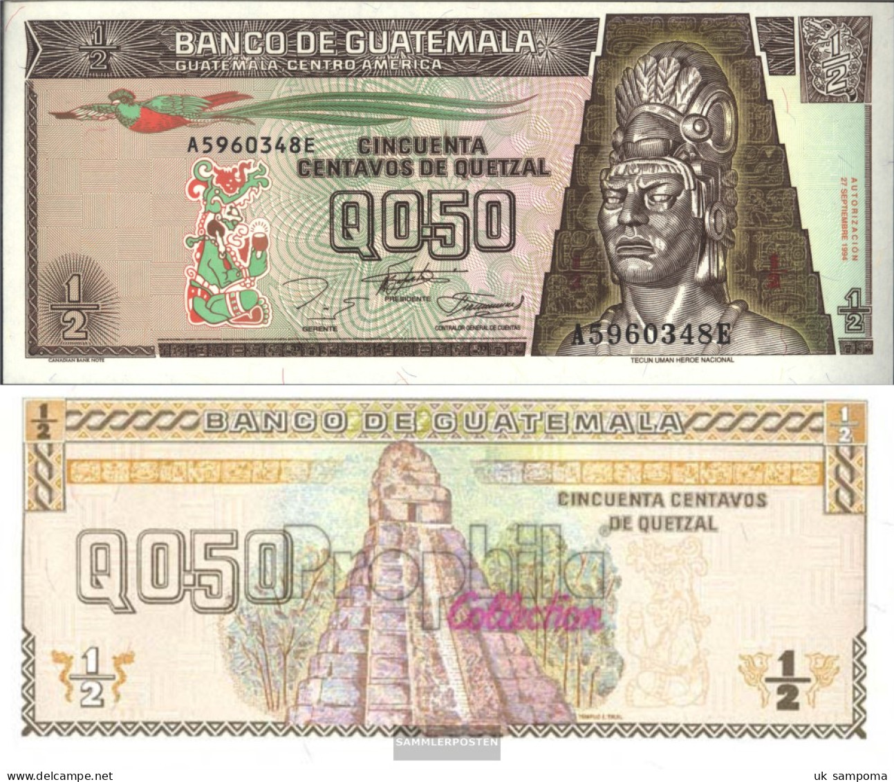 Guatemala Pick-number: 86b Uncirculated 1994 1/2 Quetzal - Guatemala