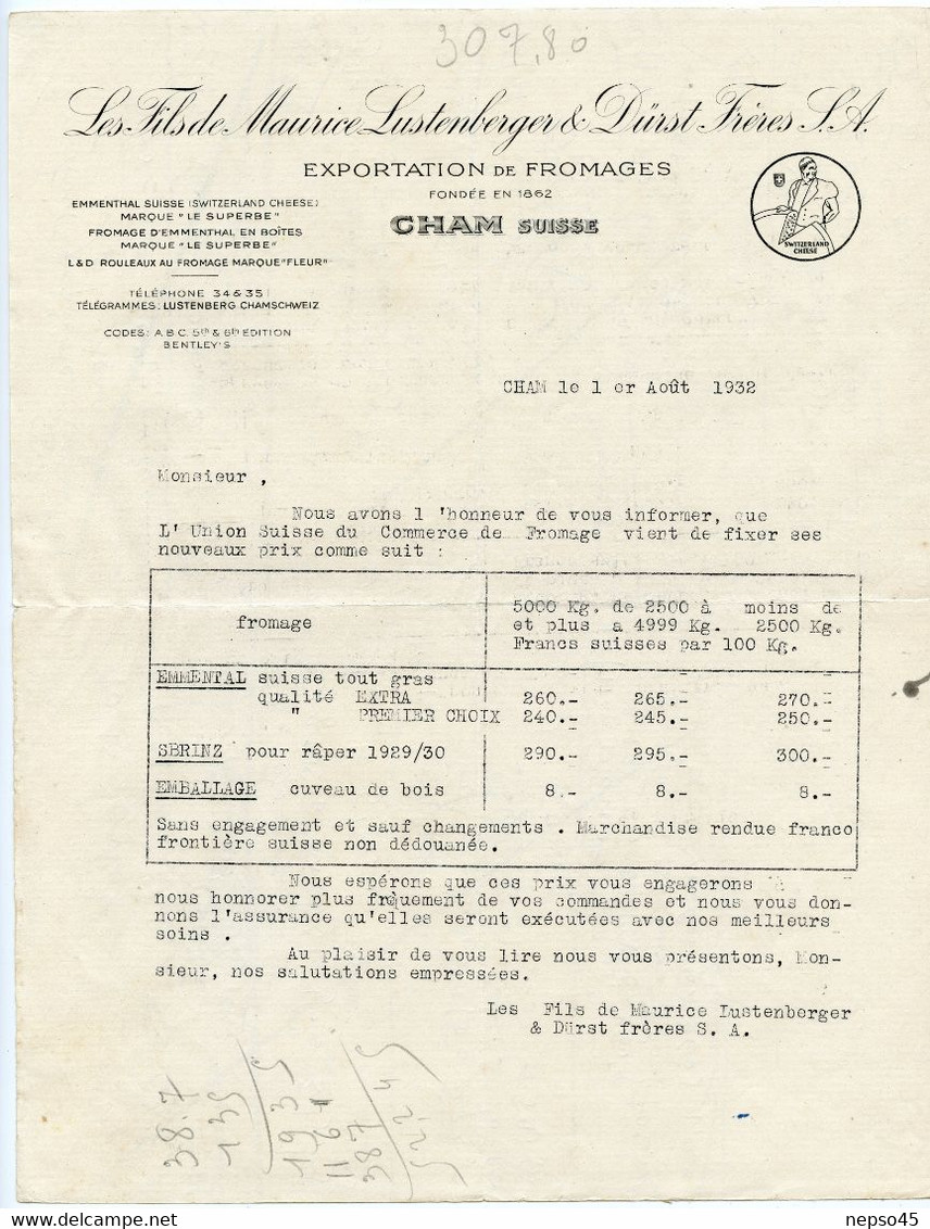 Exportation Fromages.Cham Suisse.Les Fils Maurice Lustenberger & Dürst Frères S.A Emmenthal Suisse.Rouleaux Au Fromage. - Suisse