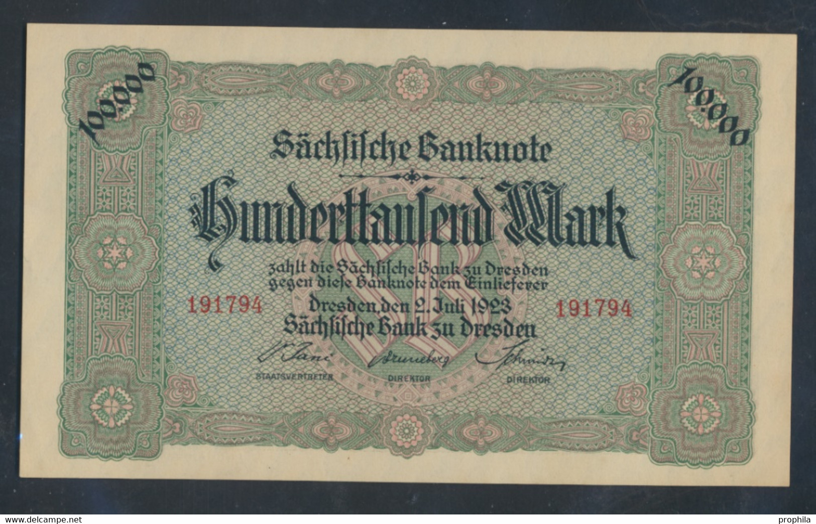 Sachsen Rosenbg: SAX15 Länderbanknote Sachsen Bankfrisch 1923 100.000 Mark (9810577 - 100.000 Mark