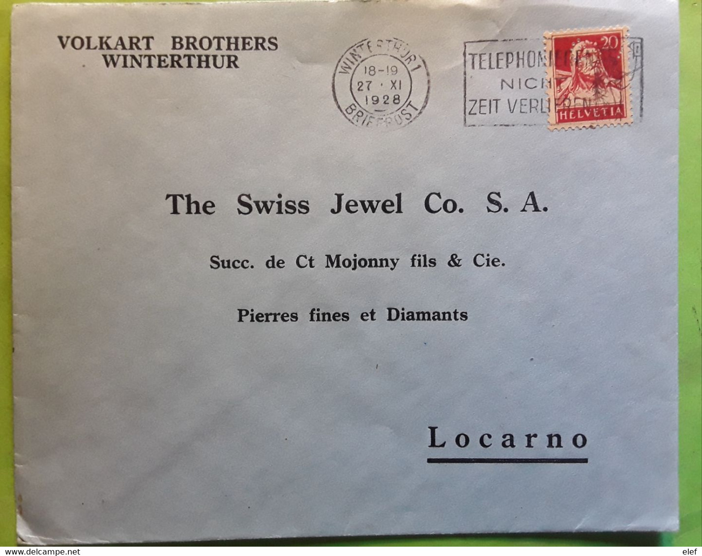 Lettre  VOLKART BROTHERS WINTERTHUR Suisse Yvert 203,20 C Rouge / Chamois Perforé Perfin 1928 > Swiss Jewel LOCARNO - Perforadas