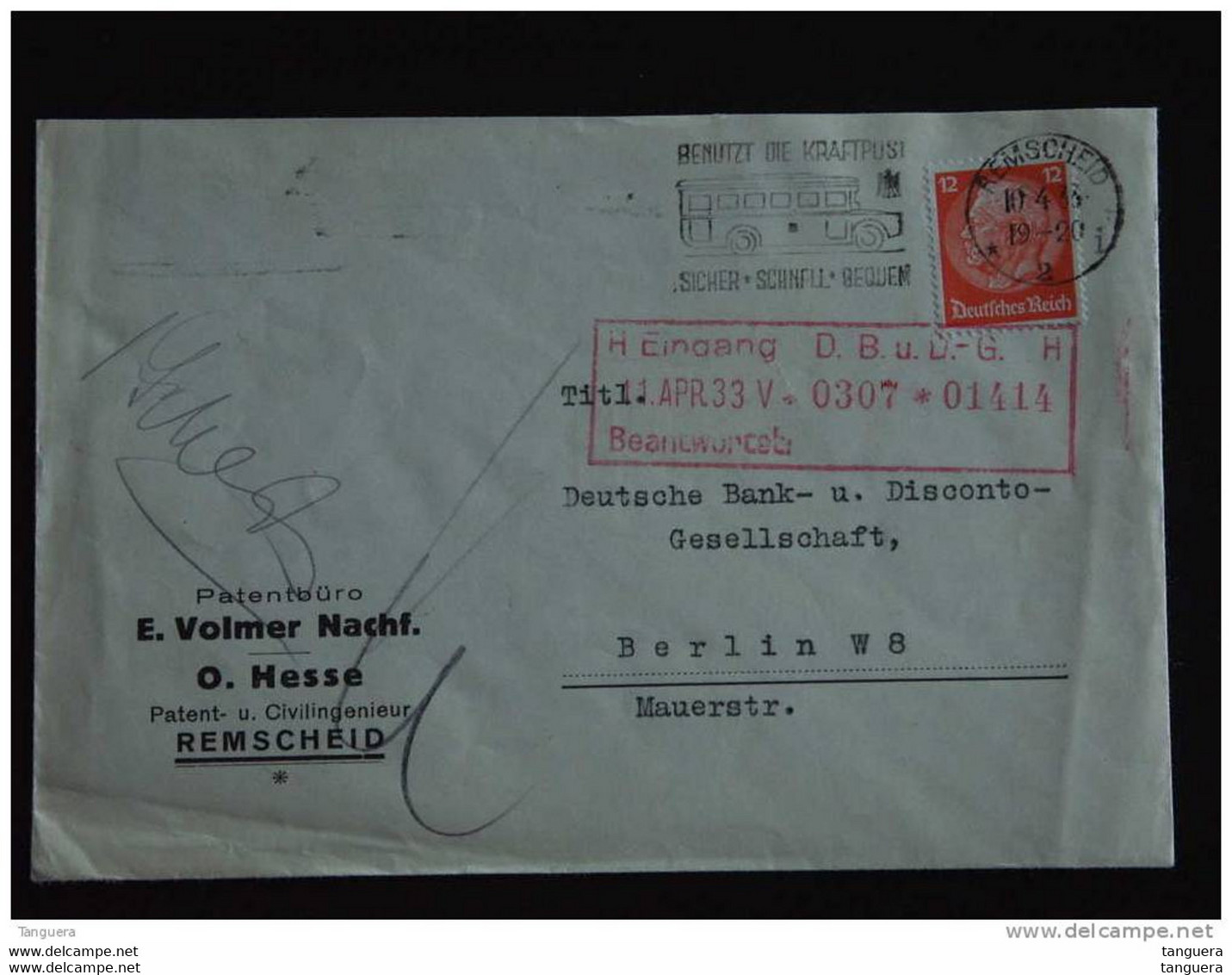 Duitsland Allemagne Germany 1933 Brief Lettre Vlagstempel Flamme Werbestempel Benutzt Die Kraftpost Camion Remscheid - Covers & Documents