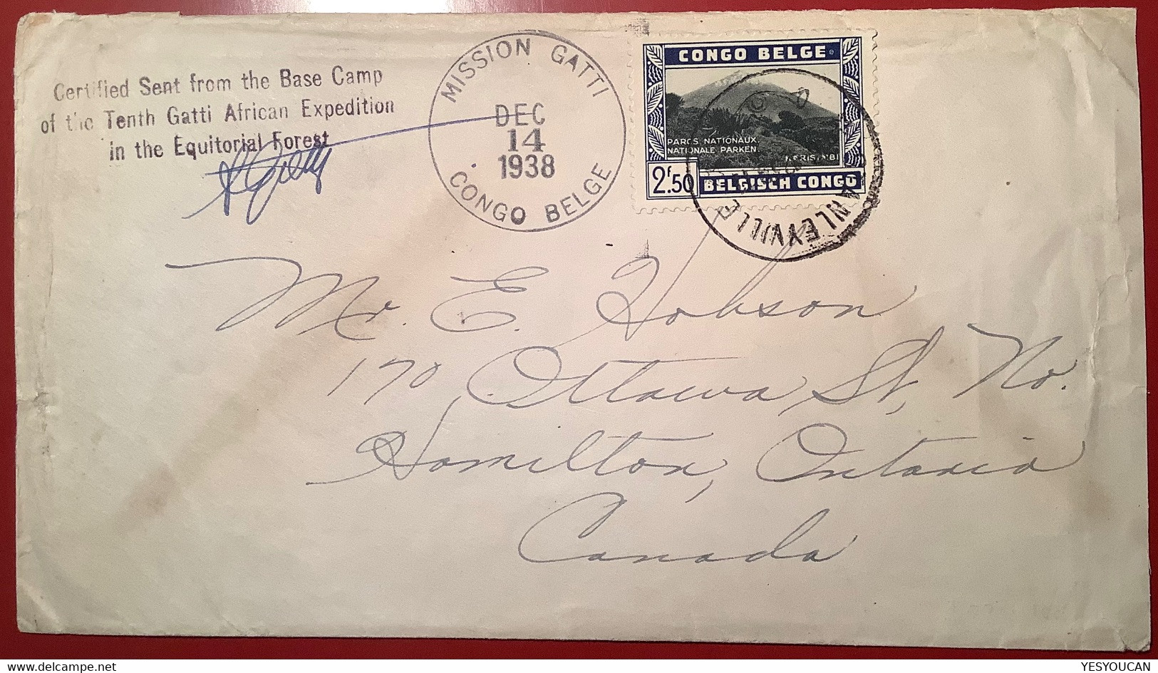 MISSION GATTI CONGO BELGE 1938 Cover>CANADA RRR ! STANLEYVILLE+BASE CAMP10th AFRICAN EXPEDITION EQUATORIAL FOREST(lettre - Storia Postale