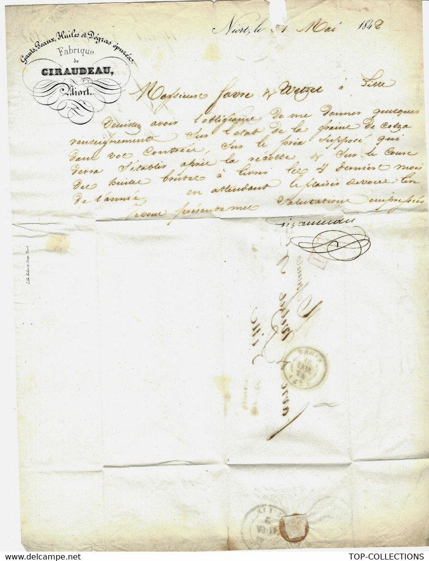 1842 Entête Giraudeau à Niort Deux Sèvres Huile Peaux Gants Pour Favre & Wetzel Huiles  Lille V.TEXTE  COLZA RECOLTE - 1800 – 1899