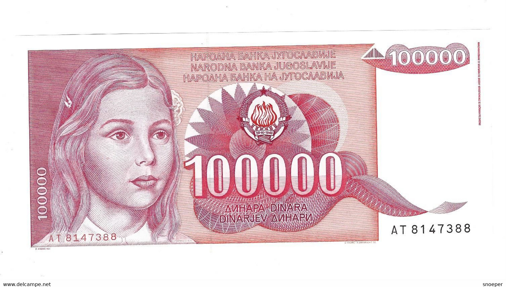 *Yugoslavia 100000 Dinara 1989   97   Unc - Jugoslawien