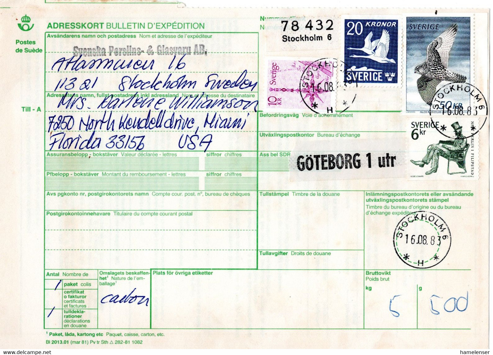 L34421 - Schweden - 1983 - 50Kr Falke MiF A Paketkte STOCKHOLM -> Miami, FL (USA) - Cartas & Documentos