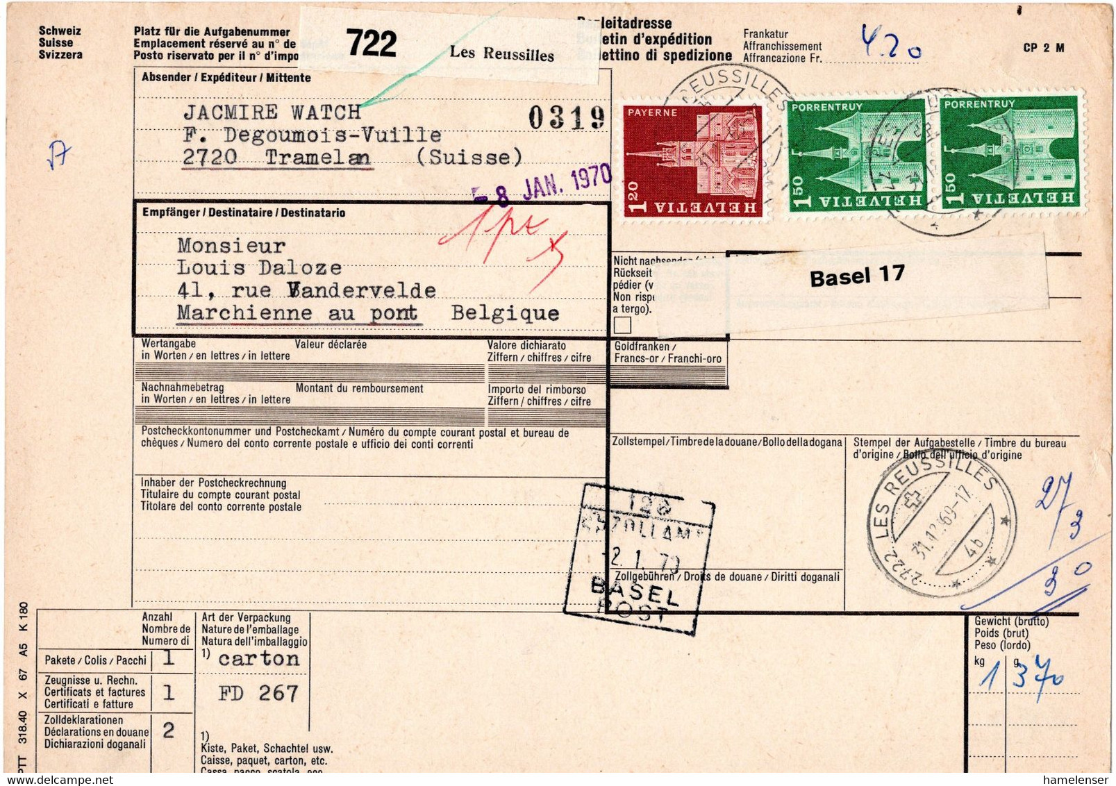 L34424 - Schweiz - 1969 - 2@1,50Fr Bauten MiF A Paketkte LES REUSSILLES -> Belgien - Covers & Documents