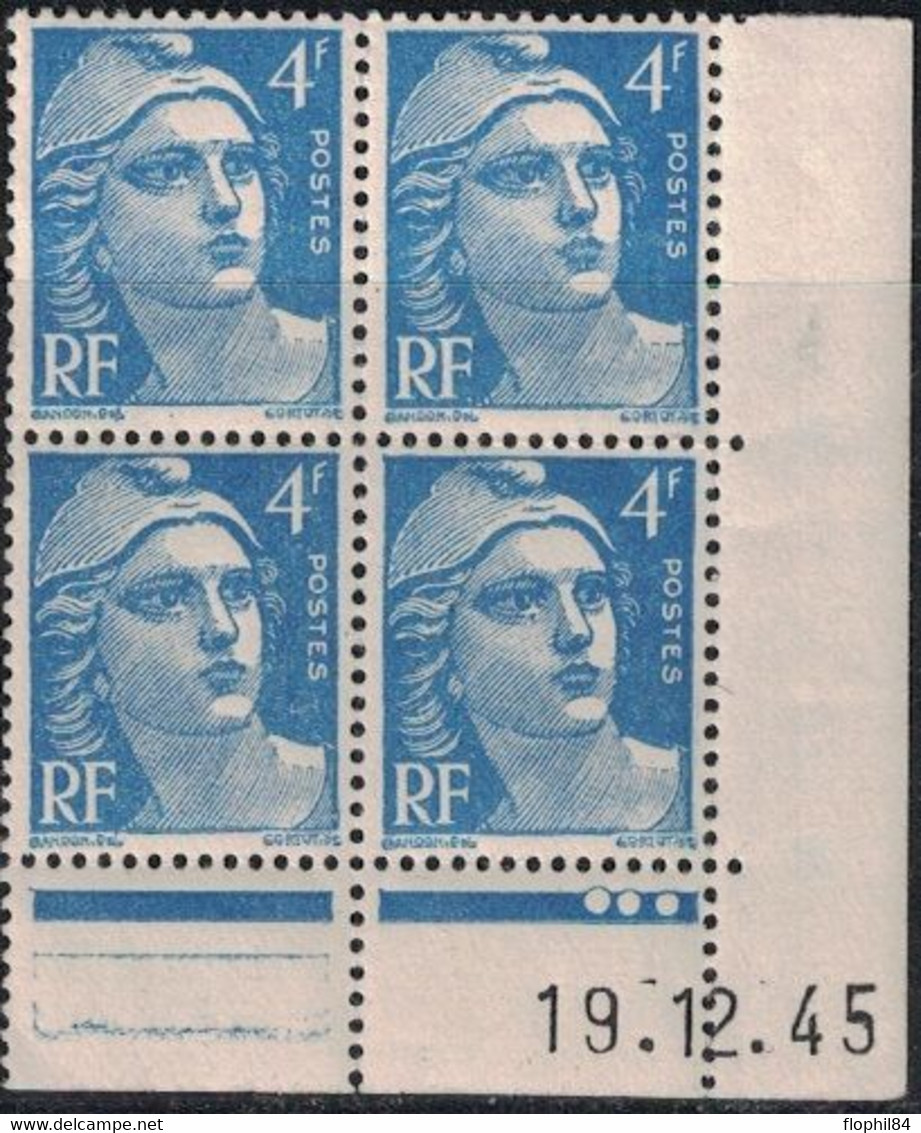 GANDON - N°717 - BLOC DE 4 TIMBRES - COIN DATE - DU 19-12-1945 - COTE 1€50. - 1940-1949