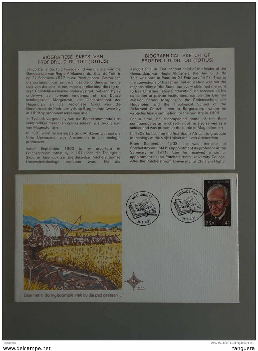 Zuid Afrika South Africa Afrique Du Sud RSA 1977 FDC Totius Poète Et Théologe Yv 415 - Teologi