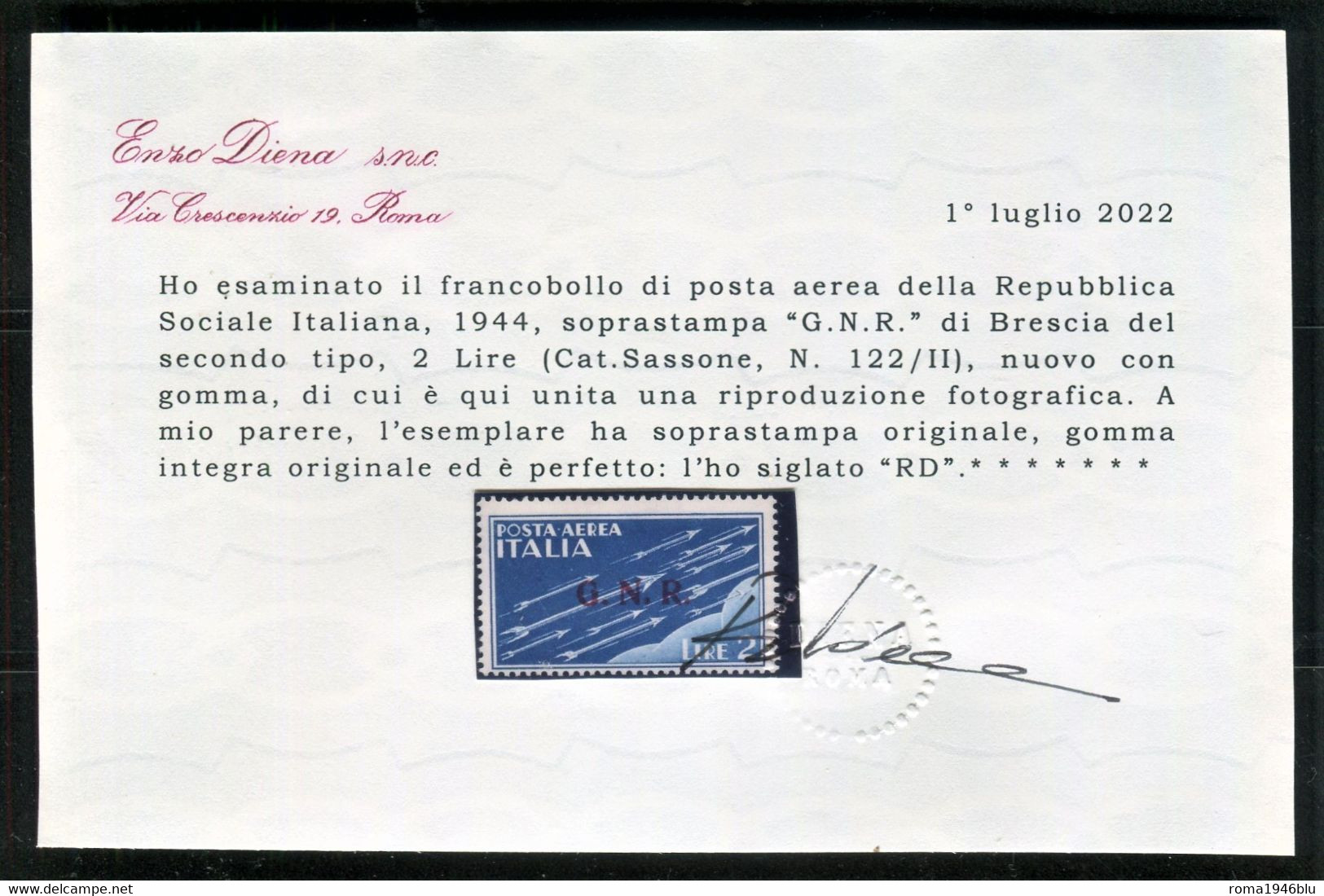 RSI 1944 POSTA AEREA G.N.R.  BRESCIA 2 L. SASSONE N. 122/II ** MNH  CERT. DIENA - Airmail