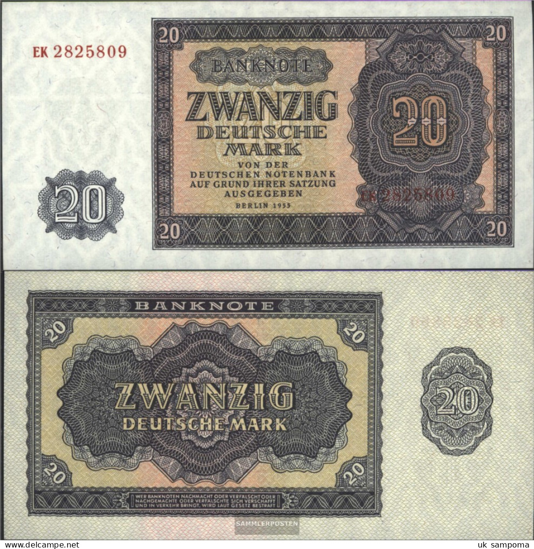 DDR Rosenbg: 351a, KN 7stellig, Before Two Letters Uncirculated 1955 20 German Mark - 20 Deutsche Mark