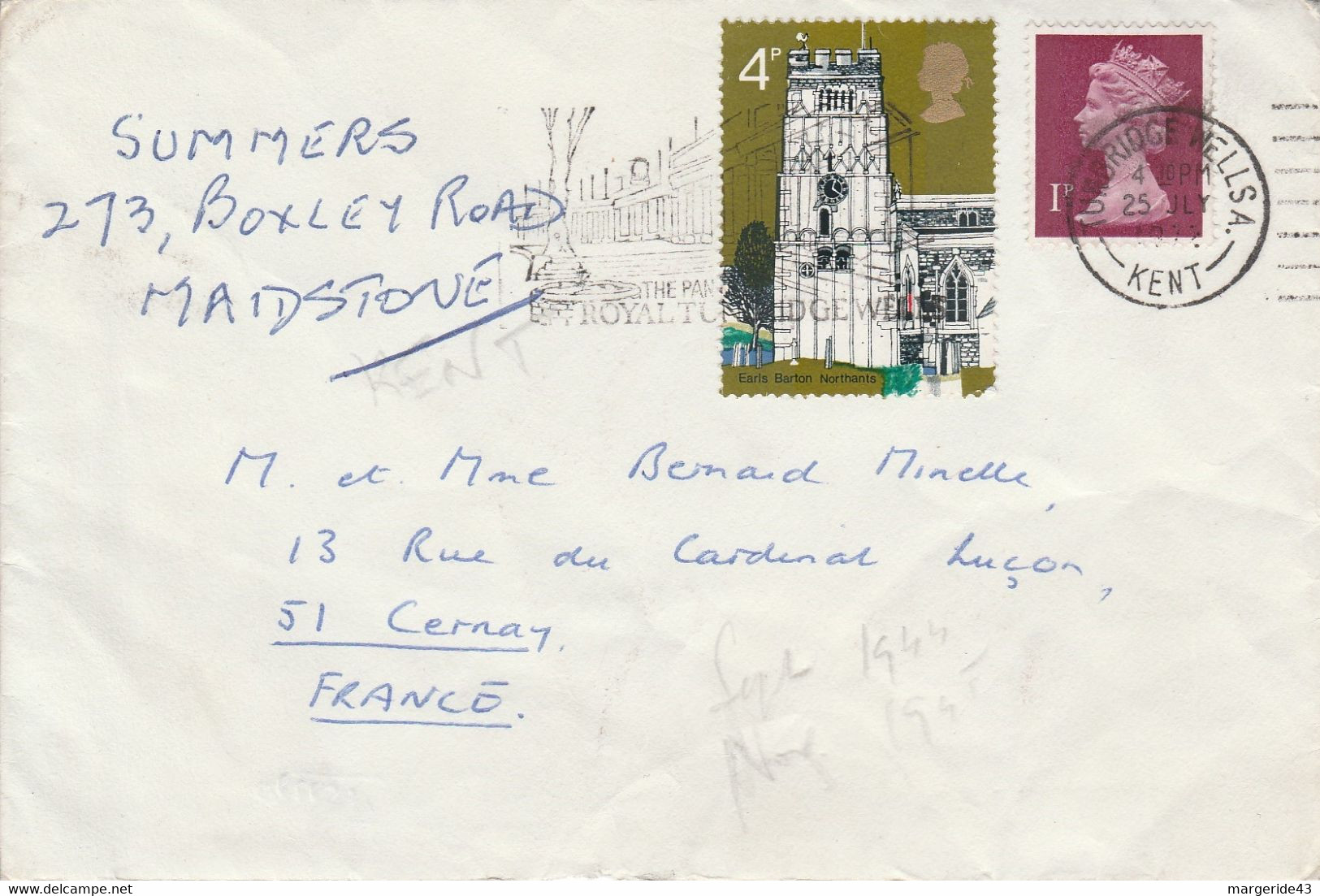 GB AFFRANCHISSEMENT COMPOSE SUR LETTRE DE TURBRIDGE WELLS  POUR LA FRANCE 1972 - Brieven En Documenten