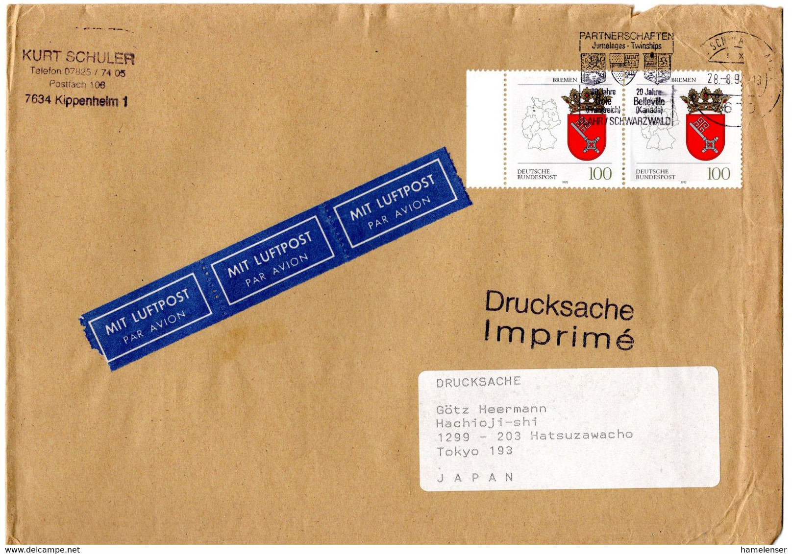 L34432 - Bund - 1992 - 2@100Pfg Bremen A LpDrucksBf LAHR -> Japan - Lettres & Documents