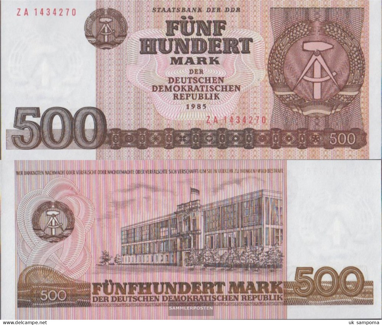 DDR Rosenbg: 365b, Computersatz, Austauschnote, Not Spent Uncirculated 1985 500 Mark - 500 Mark